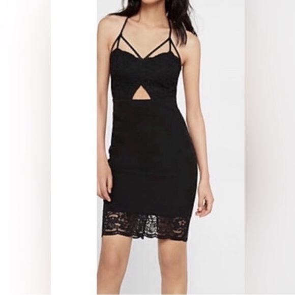 Y2K Express Strappy Black Lace Cutout Bodycon Dress 0 - Picture 1 of 11